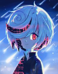 Rule 34 | 1girl, hair over one eye, looking at viewer, mumidraws, night, night sky, red eyes, sage (sonic), shooting star, sky, smile, solo, sonic (series), sonic frontiers, white hair