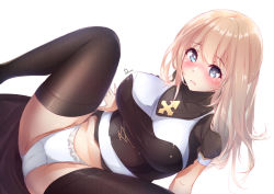 Rule 34 | 1girl, ass, black dress, black thighhighs, blonde hair, blue eyes, blush, breasts, commentary request, cross, dermar, dress, frilled panties, frills, highres, large breasts, long hair, looking at viewer, m legs, nun, open mouth, original, panties, short sleeves, signature, simple background, sitting, spread legs, thighhighs, thighs, underwear, white background, white panties