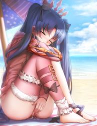 Rule 34 | 1girl, alternate color, alternate costume, arm up, ass, barefoot, beach, belt, between legs, black bow, black ribbon, blue background, blush, bottomless, bow, censored, cloud, covering own mouth, crown, earrings, fate/grand order, fate (series), feet, female focus, female masturbation, fingering, full body, fur trim, ginhaha, hair bow, hair ornament, hand between legs, hood, hoodie, hoop earrings, ishtar (fate), ishtar (swimsuit rider) (fate), jewelry, long hair, long sleeves, masturbation, mosaic censoring, ocean, one-piece swimsuit, outdoors, pink hoodie, pink thighhighs, purple hair, pussy, pussy juice, ribbon, single thighhigh, sitting, sky, solo, swimsuit, thighhighs, towel, twintails, umbrella, water, white one-piece swimsuit