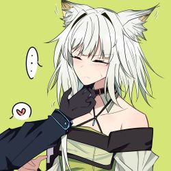 Rule 34 | 1boy, 1girl, animal ear fluff, animal ears, arknights, bare shoulders, blush, cat ears, choker, closed eyes, closed mouth, collarbone, doctor (arknights), hand on another&#039;s chin, hand up, highres, kal&#039;tsit (arknights), long sleeves, medium hair, messy hair, off shoulder, pokarii zuu, sidelocks, solo focus, stroking another&#039;s chin, sweat, upper body, white hair, yellow background