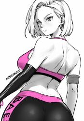 Rule 34 | 1girl, android 18, artist name, ass, breasts, dragon ball, from behind, large breasts, looking at viewer, looking back, midriff, miss faves, monochrome, pants, seductive gaze, short hair, sideboob, sports bra, sportswear