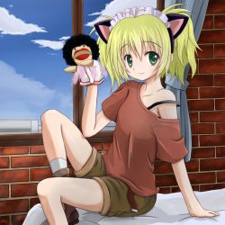 Rule 34 | animal ears, bed, blonde hair, cal devens, casual, cat ears, green eyes, hand puppet, phantom of inferno, puppet, requiem for the phantom, room, smile, window