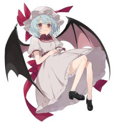 Rule 34 | 1girl, bat wings, belt, black footwear, bloomers, blue hair, breasts, dress, full body, hat, hat ribbon, hayashi kewi, looking at viewer, mob cap, puffy short sleeves, puffy sleeves, red eyes, red ribbon, remilia scarlet, ribbon, shoes, short hair, short sleeves, simple background, small breasts, solo, touhou, underwear, white background, wings