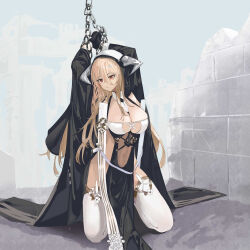 Rule 34 | 1girl, absurdres, arms up, azur lane, black gloves, blonde hair, bound, bound wrists, breast cutout, breasts, chain, covered navel, fake horns, full body, gloves, habit, hair between eyes, half gloves, highres, horns, implacable (azur lane), large breasts, lilin (pixiv 25958194), long hair, long sleeves, looking at viewer, no panties, nun, pelvic curtain, red eyes, revealing clothes, see-through, skindentation, solo, thighhighs, veil, very long hair, white horns, white thighhighs, wide sleeves