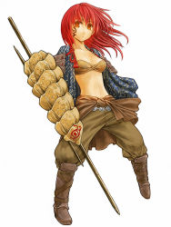 Rule 34 | 1girl, bandeau, belt, blue coat, boots, cervus, coat, facial tattoo, looking at viewer, midriff, open clothes, open coat, orange eyes, original, pants, polearm, red hair, shield, shirt, simple background, solo, spear, tattoo, weapon, white background