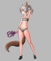 Rule 34 | 1girl, animal ears, arm behind head, arm up, armpits, aruman, bad id, bad pixiv id, bandeau, black gloves, black panties, blue eyes, commentary, dog ears, dog tail, elin, flat chest, full body, gloves, grey background, head tilt, highres, legs, long hair, navel, panties, ponytail, shoes, simple background, sleeveless, smile, solo, tail, tera online, underwear, wand, white hair