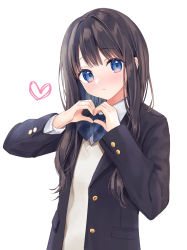 Rule 34 | 1girl, black hair, black jacket, blazer, blue bow, blue bowtie, blue eyes, blush, bow, bowtie, closed mouth, collared shirt, commentary request, head tilt, heart, jacket, long hair, long sleeves, looking at viewer, open clothes, open jacket, original, rimo, school uniform, shirt, simple background, solo, sweater vest, vest, white background, white shirt