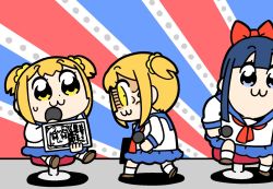 Rule 34 | 2girls, :3, anger vein, bkub, blonde hair, blue eyes, blue hair, bow, commentary request, dual persona, hair bow, hair ornament, hair scrunchie, holding, holding microphone, long hair, microphone, multiple girls, pipimi, poptepipic, popuko, school uniform, scrunchie, serafuku, short hair, sitting, translation request, two side up, yellow eyes