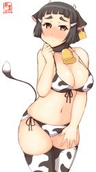 Rule 34 | 1girl, alternate costume, animal print, artist logo, bikini, braid, braided bun, breasts, brown eyes, brown hair, commentary request, cow print, cowboy shot, dated, front-tie top, hair bun, highres, kanon (kurogane knights), kantai collection, large breasts, long hair, looking at viewer, myoukou (kancolle), one-hour drawing challenge, side-tie bikini bottom, simple background, single hair bun, solo, swimsuit, thick eyebrows, thighhighs, white background, white bikini, white thighhighs