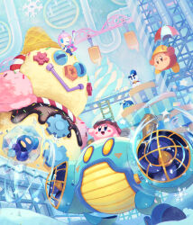 Rule 34 | 1girl, chilly (kirby), colored skin, electric fan, factory, food, gears, haltworker, hard hat, helmet, highres, holding, holding umbrella, ice cream, kirby, kirby: planet robobot, kirby (series), ladder, nintendo, one eye closed, pink hair, pink skin, popsicle, rayman limbs, robobot armor, smile, snowflakes, snowman, solid oval eyes, sprinkles, susie (kirby), suyasuyabi, umbrella, waddle dee, walf