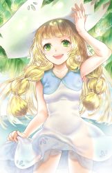 Rule 34 | 1girl, :d, absurdres, bare shoulders, blonde hair, blunt bangs, blush, braid, breasts, collarbone, cowboy shot, creatures (company), day, dress, eyebrows, fingernails, game freak, green eyes, hand up, hat, highres, leaf, legs apart, lillie (pokemon), long hair, looking at viewer, nintendo, no-shio, open mouth, plant, pokemon, pokemon sm, side braid, skirt hold, sleeveless, sleeveless dress, small breasts, smile, solo, sparkle, standing, sun hat, sundress, teeth, tree, twin braids, upper teeth only, white dress, white hat