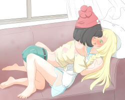 Rule 34 | 2girls, bare shoulders, barefoot, beanie, black hair, blonde hair, blush, braid, closed eyes, couch, creatures (company), curtains, dress, eye contact, feet, french kiss, from side, game freak, green eyes, green shorts, hair ornament, hat, highres, indoors, kiss, kurosawa karura, legs up, lillie (pokemon), long hair, looking at another, lying, multiple girls, nintendo, open mouth, pokemon, pokemon sm, red headwear, selene (pokemon), shirt, short hair, short sleeves, shorts, sitting, skirt, sleeveless, sunlight, sweat, t-shirt, thighs, tied shirt, toes, tongue, tongue out, twin braids, unusually open eyes, white dress, white headwear, white shirt, window, yellow shirt, yuri
