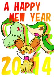Rule 34 | 2014, animal ears, chikorita, colored skin, creatures (company), dated, fangs, fennekin, game freak, gen 2 pokemon, gen 5 pokemon, gen 6 pokemon, green skin, happy new year, new year, nintendo, no humans, one eye closed, open mouth, orange eyes, pokemon, pokemon (creature), red eyes, simple background, smile, snivy, tail, toragorow, white background, yellow fur