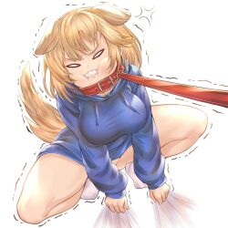 Rule 34 | 1girl, absurdres, all fours, alternate costume, angry, animal collar, animal ears, blonde hair, blue hoodie, bottomless, breasts, breasts squeezed together, collar, dog ears, dog tail, from above, highres, hololive, hololive english, honkivampy, hood, hoodie, kemonomimi mode, large breasts, leash, medium hair, puffy cheeks, sharp teeth, simple background, socks, solo, squatting, struggling, tail, taut clothes, teeth, trembling, viewer holding leash, virtual youtuber, watson amelia, white background