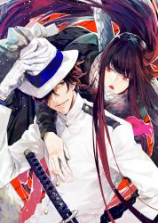 Rule 34 | 1boy, 1girl, adjusting clothes, adjusting headwear, black hair, blunt bangs, fate/grand order, fate (series), floating, formal, gloves, gradient hair, hat, hime cut, katana, long hair, multicolored hair, oryou (fate), ponytail, purple hair, red hair, sakamoto ryouma (fate), scales, scarf, sheath, sheathed, sidelocks, suit, sword, tatsuta age, weapon, white gloves, white suit