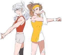 Rule 34 | 2girls, bandaid, bandaid on knee, bandaid on leg, bare arms, blue eyes, bright pupils, brown eyes, brown hair, closed mouth, commentary request, detached sleeves, dikke (reverse:1999), dikke (the pointy end up) (reverse:1999), dress, grey hair, grey shorts, hairband, highres, long hair, looking at viewer, molu stranger, multiple girls, parted lips, ponytail, red tank top, reverse:1999, shorts, simple background, stretching, sweat, tank top, tooth fairy (ace through the bagel) (reverse:1999), tooth fairy (reverse:1999), two-tone dress, white background, white dress, white pupils, white sleeves, wristband, yellow dress, yellow hairband