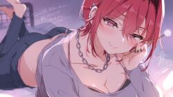 Rule 34 | 1girl, ass, barefoot, black bra, black nails, black pants, blurry, blurry background, blush, bra, breasts, chain necklace, cleavage, closed mouth, collarbone, ear piercing, earrings, grey shirt, hair between eyes, highres, jewelry, lying, mimikaki, morishima kon, necklace, on bed, on stomach, original, pants, piercing, pillow, red eyes, red hair, shirt, signature, smile, solo, the pose, translation request, underwear