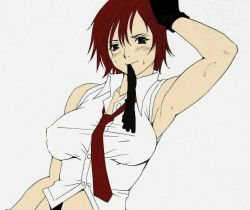 Rule 34 | 1girl, arm up, armpits, breasts, gloves, large breasts, midriff, navel, necktie, red hair, saigado, shirt, short hair, snk, solo, suspenders, sweat, the king of fighters, upper body, vanessa (kof), white shirt