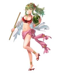 Rule 34 | 1girl, anklet, bikini, bracelet, breasts, cleavage, feet, female focus, fire emblem, fire emblem awakening, fire emblem heroes, food, front-tie bikini top, front-tie top, fruit, full body, green eyes, green hair, high heel sandals, highres, holding, jewelry, large breasts, long hair, matching hair/eyes, navel, nintendo, official art, pointy ears, ponytail, red bikini, sandals, smile, solo, standing, swimsuit, tiki (adult) (fire emblem), tiki (adult) (summer) (fire emblem), tiki (fire emblem), toes, transparent background, watermelon