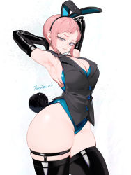 Rule 34 | 1girl, absurdres, armpits, arms behind head, arms up, blue eyes, breasts, cleavage, curvy, gloves, highres, large breasts, leotard, pink hair, plul qdqdvh, rabbit ears, rabbit tail, shirt, short hair, solo, standing, thick thighs, thighhighs, thighs