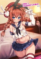 Rule 34 | 1girl, bedroom, beret, black hairband, black neckerchief, black panties, blue eyes, blue sailor collar, blue skirt, braid, breasts, commission, cosplay, crop top, elbow gloves, gloves, hairband, hat, highleg, highleg panties, highres, kantai collection, lamp, lyrical nanoha, microskirt, miniskirt, neckerchief, nijimoto hirok, panties, pleated skirt, red hair, red hat, sailor collar, second-party source, shimakaze (kancolle), shimakaze (kancolle) (cosplay), shirt, skeb commission, skirt, sleeveless, sleeveless shirt, small breasts, solo, striped clothes, striped thighhighs, thighhighs, twin braids, underwear, vita (nanoha), white gloves