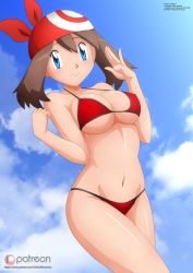 Rule 34 | 1girl, alternate costume, bandana, bare shoulders, bikini, blue background, blue eyes, blue sky, blush, breasts, brown hair, character name, clenched hand, closed mouth, cloud, collarbone, copyright name, covered erect nipples, creatures (company), day, dutch angle, female focus, game freak, groin, hands up, happy, highres, looking at viewer, may (pokemon), medium breasts, navel, nintendo, outdoors, patreon logo, patreon username, poke ball symbol, poke ball theme, pokemon, pokemon rse, red bikini, red headwear, shiny skin, sky, smile, solo, standing, stomach, swimsuit, thighs, underboob, watermark, web address, zel-sama
