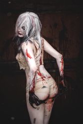 Rule 34 | 1girl, ass, ass grab, ass support, bare shoulders, blood, blood on clothes, breasts, claws, deep skin, from behind, hair over one eye, highres, left 4 dead, long hair, looking at viewer, looking back, medium breasts, ri care, scar, scar on face, short shorts, shorts, sideboob, smile, solo, white hair, witch (left4dead), zombie