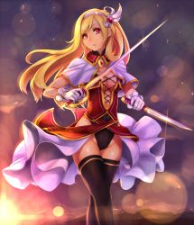 Rule 34 | 1girl, black thighhighs, blonde hair, breasts, capelet, cleavage, dagger, dual wielding, dusk, gloves, groin, hair ornament, hairband, holding, knife, lens flare, leotard, long hair, looking at viewer, makita (twosidegekilove), original, rapier, red eyes, sky, small breasts, solo, sword, thighhighs, weapon