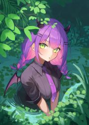 Rule 34 | 1girl, absurdres, black ribbon, braid, collared shirt, colored inner hair, demon girl, demon horns, demon wings, green eyes, grey shirt, hair ornament, hair ribbon, hairclip, highres, holoforce, hololive, horns, long hair, looking at viewer, multicolored hair, outdoors, partially submerged, pink hair, plant, pond, purple hair, ribbon, shirt, sidelocks, sl10 d, solo, streaked hair, tokoyami towa, twin braids, twintails, v arms, virtual youtuber, water, wings