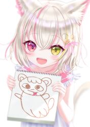 Rule 34 | 1girl, :d, aged down, amemiya ayune, animal ear fluff, animal ears, cat ears, cat girl, cat hair ornament, cat tail, child&#039;s drawing, dress, green eyes, hair ornament, heterochromia, highres, holding, holding notebook, hou no ka, indie virtual youtuber, multicolored hair, notebook, open mouth, pink hair, purple eyes, short hair, sleeveless, sleeveless dress, smile, streaked hair, tail, two-tone hair, virtual youtuber, white hair