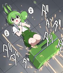 Rule 34 | 1girl, :3, absurdres, brooch, projectile trail, collar, commentary, frilled collar, frills, green hair, green shorts, gun, hand in own hair, handgun, hands on own chest, highres, holding, holding gun, holding weapon, jewelry, knees up, long hair, low ponytail, lycoris recoil, lying, motion blur, neck ribbon, on back, ononoono, open mouth, parody, pea pod, pink ribbon, puffy short sleeves, puffy shorts, puffy sleeves, ribbon, scared, shaded face, shirt, shirt tucked in, short sleeves, shorts, smile, solo, sparks, suitcase, suspender shorts, suspenders, sweat, tile floor, tiles, translation request, trembling, voicevox, weapon, white shirt, wide-eyed, yellow eyes, zunda mochi, zundamon