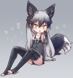 Rule 34 | 1girl, adapted costume, animal ears, bare shoulders, black gloves, black hair, black one-piece swimsuit, black thighhighs, blue bow, bow, collarbone, commentary request, elbow gloves, extra ears, fox ears, fox tail, gloves, grey hair, highres, kemono friends, kolshica, long hair, multicolored hair, no shoes, one-piece swimsuit, silver fox (kemono friends), sitting, sleeveless, solo, swimsuit, tail, thighhighs, toeless legwear, yellow eyes