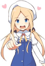 Rule 34 | 10s, 1girl, :d, abigail williams (fate), absurdres, beret, blonde hair, blue dress, blue eyes, blush, commentary request, cosplay, dress, fate/grand order, fate (series), forehead, hair ornament, hair scrunchie, hat, head tilt, heart, highres, hinatsuru ai, hinatsuru ai (cosplay), index finger raised, layered sleeves, long hair, long sleeves, looking at viewer, low twintails, mitchi, open mouth, outstretched arm, parted bangs, puffy short sleeves, puffy sleeves, ryuuou no oshigoto!, school uniform, scrunchie, short over long sleeves, short sleeves, simple background, smile, solo, twintails, very long hair, white background, white hat, yellow scrunchie