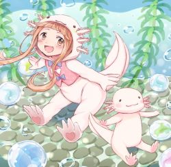 Rule 34 | 1girl, :3, :d, air bubble, animal, animal costume, axolotl, axolotl costume, blunt bangs, bow, brown eyes, brown hair, bubble, commentary request, gum (vivid garden), hood, ichihara nina, idolmaster, idolmaster cinderella girls, long hair, looking at viewer, open mouth, outstretched arms, seaweed, smile, spread arms, underwear