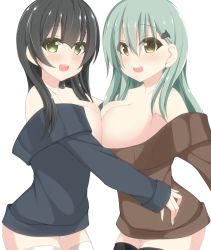 Rule 34 | 10s, 2girls, agano (kancolle), asymmetrical docking, bare shoulders, black hair, black legwear, breast press, breasts, chimunge, cleavage, green hair, grey eyes, hair ornament, hairclip, kantai collection, large breasts, long hair, multiple girls, naked sweater, no bra, off shoulder, open mouth, smile, suzuya (kancolle), sweater, white legwear, yellow eyes