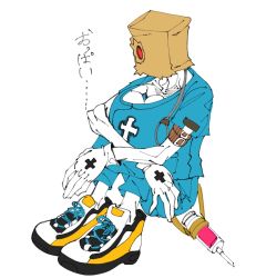 Rule 34 | 1boy, bag, boby oreon, collarbone, faust (guilty gear), flat color, gloves, guilty gear, guilty gear strive, highres, liquid, male focus, paper bag, red eyes, shoes, simple background, sitting, sneakers, solo, syringe, white background, white gloves
