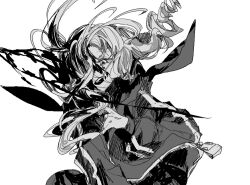 Rule 34 | #compass, 1girl, blood, commentary, greyscale, hen10, jacket, long hair, looking at viewer, megumegu, monochrome, multicolored hair, open mouth, simple background, smile, solo, symbol-only commentary, two-tone hair, upper body, white background