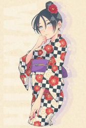 Rule 34 | 1girl, alternate costume, animification, apex legends, black hair, breasts, bungaw, character name, from side, grey eyes, hair behind ear, hair between eyes, hair bun, hand on own thigh, highres, japanese clothes, kimono, looking at viewer, medium breasts, nail polish, obi, red nails, sash, single hair bun, solo, wraith (apex legends)
