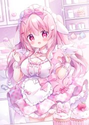 Rule 34 | 1girl, :o, animal ears, apron, blush, bow, bowl, breasts, chiika (cure cherish), cleavage, cupcake, food, frills, fruit, hair bow, hair ornament, heart, holding, holding whisk, kitchen, large breasts, long hair, looking at viewer, maid headdress, open mouth, original, pink bow, pink eyes, pink hair, pink ribbon, pink theme, rabbit ears, ribbon, short sleeves, skirt, solo, strawberry, thighs, two side up, waist apron, whisk, wings, wrist cuffs