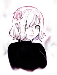 Rule 34 | 1girl, bob cut, closed mouth, cropped torso, elf, flower, hair flower, hair ornament, looking at viewer, original, pointy ears, razalor, short hair, signature, solo, sweater, upper body, white background