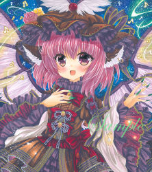 Rule 34 | 1girl, :d, beamed sixteenth notes, blue background, blush, bow, bowtie, breasts, brooch, brown dress, brown hat, center frills, dress, eighth note, feathered wings, frilled dress, frilled hat, frilled sleeves, frills, green nails, hair between eyes, hand on own chest, hat, hat feather, jewelry, long sleeves, looking at viewer, marker (medium), medium breasts, mob cap, musical note, mystia lorelei, nail polish, open mouth, pink hair, quarter note, red bow, red bowtie, rui (sugar3), sample watermark, shirt, sleeveless, smile, solo, touhou, traditional media, watermark, white shirt, white wings, wide sleeves, wings, yellow brooch