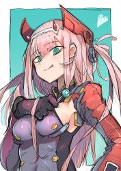 Rule 34 | 10s, 1girl, :q, aqua background, aqua eyes, armpit cutout, azur lane, black gloves, blunt bangs, breasts, closed mouth, clothing cutout, cosplay, darling in the franxx, from below, gloves, hairband, headgear, heart, horns, karasu raven, long hair, long sleeves, looking at viewer, looking down, medium breasts, military, military uniform, pink hair, prinz eugen (azur lane), prinz eugen (azur lane) (cosplay), sideboob, sketch, smile, solo, tongue, tongue out, two side up, uniform, upper body, white hairband, zero two (darling in the franxx)
