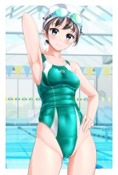 Rule 34 | 1girl, absurdres, armpits, black hair, blue eyes, breasts, clock, clothes writing, competition swimsuit, covered navel, goggles, goggles on head, green one-piece swimsuit, groin, hand on own hip, highres, indoors, lane line, one-piece swimsuit, original, pool, presenting armpit, small breasts, solo, string of flags, swim cap, swimsuit, takafumi, white headwear