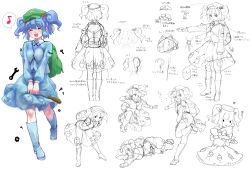 Rule 34 | 1girl, backpack, bag, between breasts, blue hair, bolt (hardware), breasts, cattail, character sheet, diagram, female focus, hair bobbles, hair ornament, hana-kagume, hat, highres, kawashiro nitori, key, md5 mismatch, meme, musical note, open mouth, plant, quaver, randoseru, sketch, smile, spoken musical note, strap between breasts, touhou, translation request, twintails, two side up, wrench