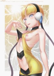 Rule 34 | 1girl, absurdres, artist name, bare arms, bare shoulders, bike shorts, blonde hair, breasts, cameltoe, choker, cleft of venus, cowboy shot, creatures (company), elesa (pokemon), g@rnet, game freak, heart, heart-shaped pupils, highres, lifted by self, looking at viewer, looking to the side, navel, nintendo, nipples, open mouth, outside border, pokemon, pokemon bw, small breasts, symbol-shaped pupils, tongue, tongue out, watermark, web address
