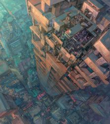 Rule 34 | 1girl, black hair, blurry, building, city, cityscape, depth of field, from above, highres, long hair, looking afar, original, perspective, road, rooftop, scenery, sketch, skyscraper, solo, street, tokunaga akimasa, twilight