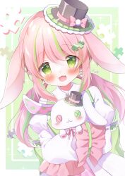 Rule 34 | 1girl, :3, animal ears, back bow, blush, bow, buttons, collared dress, dangle earrings, dress, earrings, frilled sleeves, frills, green eyes, green hair, hanasakichu, hat, highres, holding, holding stuffed toy, jewelry, juliet sleeves, long sleeves, low twintails, mini hat, multicolored hair, open mouth, original, pink hair, puffy sleeves, puzzle piece, puzzle piece hair ornament, rabbit earrings, rabbit ears, rabbit girl, sleeves past fingers, sleeves past wrists, smile, solo, streaked hair, stuffed animal, stuffed rabbit, stuffed toy, twintails, two-tone hair, upper body