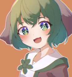 Rule 34 | 1girl, :3, :d, animal ears, chromatic aberration, dog ears, green eyes, green hair, gumi 9357, gumichan, highres, kasodani kyouko, looking at viewer, open mouth, orange background, outline, short hair, simple background, smile, solo, touhou, upper body, white outline