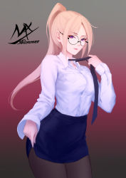 Rule 34 | 1girl, artist name, black-framed eyewear, black necktie, black pantyhose, blonde hair, blue skirt, breasts, closed mouth, collared shirt, dress shirt, glasses, gradient background, grey background, hand up, high ponytail, highres, long hair, long sleeves, looking at viewer, medium breasts, necktie, nekomata, office lady, original, pantyhose, parted bangs, pencil skirt, ponytail, purple eyes, red background, round eyewear, shimmer, shirt, signature, skirt, sleeves past wrists, smile, solo, very long hair, white shirt
