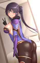 Rule 34 | 1girl, 1nilla&#039;, absurdres, ass, bare shoulders, blush, breasts, elbow gloves, female focus, from behind, genshin impact, gloves, green eyes, grin, hair ornament, hair ribbon, highres, leotard, long hair, looking at viewer, looking back, medium breasts, mirror, mona (genshin impact), pantyhose, purple hair, reflection, ribbon, shiny clothes, shiny skin, sideboob, smile, solo, twintails, very long hair